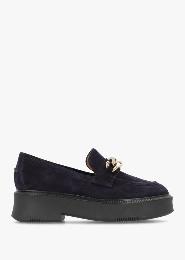Navy Suede Chunky Link Chain Loafers