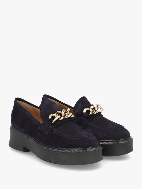Navy Suede Chunky Link Chain Loafers