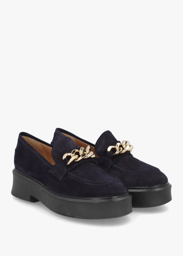 Navy Suede Chunky Link Chain Loafers