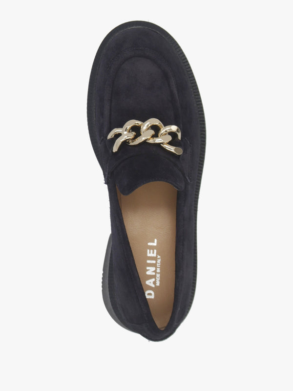 Navy Suede Chunky Link Chain Loafers