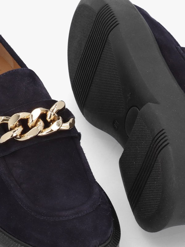 Navy Suede Chunky Link Chain Loafers