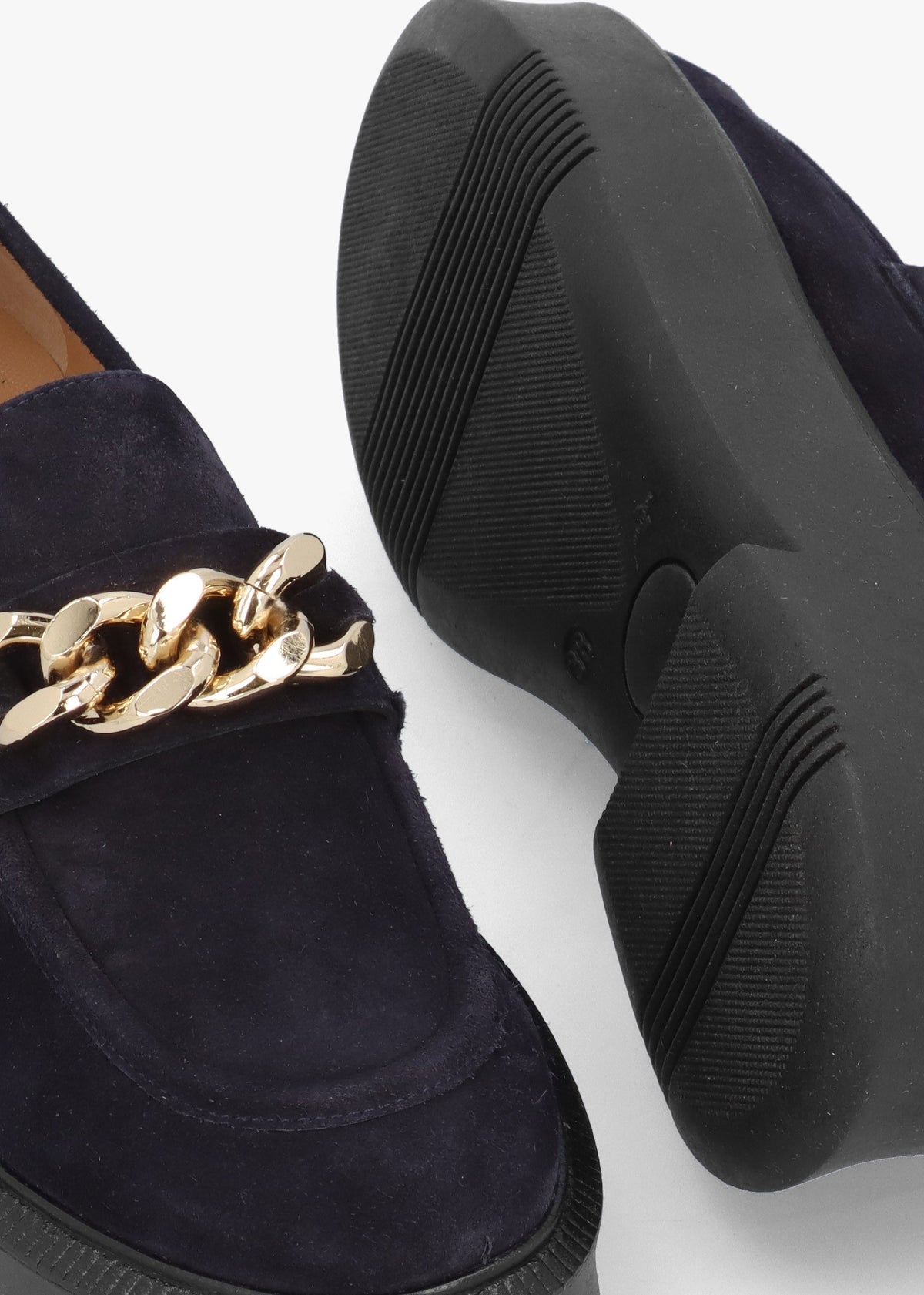 Navy Suede Chunky Link Chain Loafers