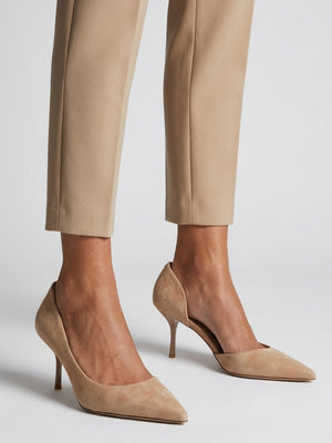 Emma D’Orsay Beige Suede Mid Heel Court Shoes