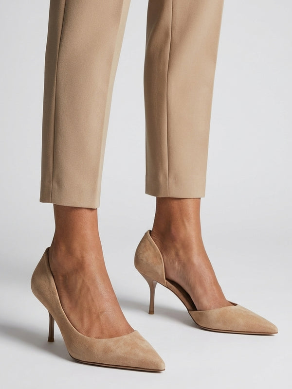Emma D’Orsay Beige Suede Mid Heel Court Shoes