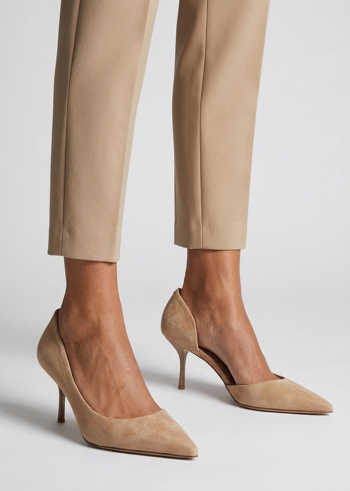 Emma D’Orsay Beige Suede Mid Heel Court Shoes