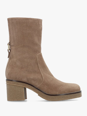 Beige Suede Block Heel Calf Boots