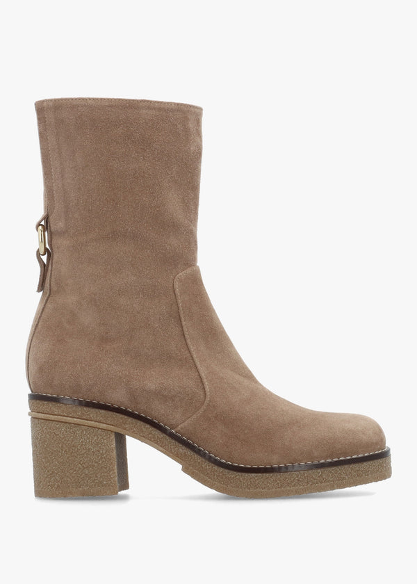 Beige Suede Block Heel Calf Boots