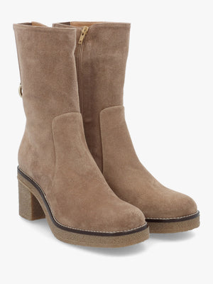 Beige Suede Block Heel Calf Boots