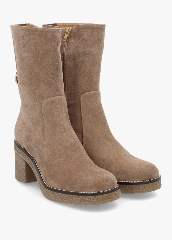Beige Suede Block Heel Calf Boots