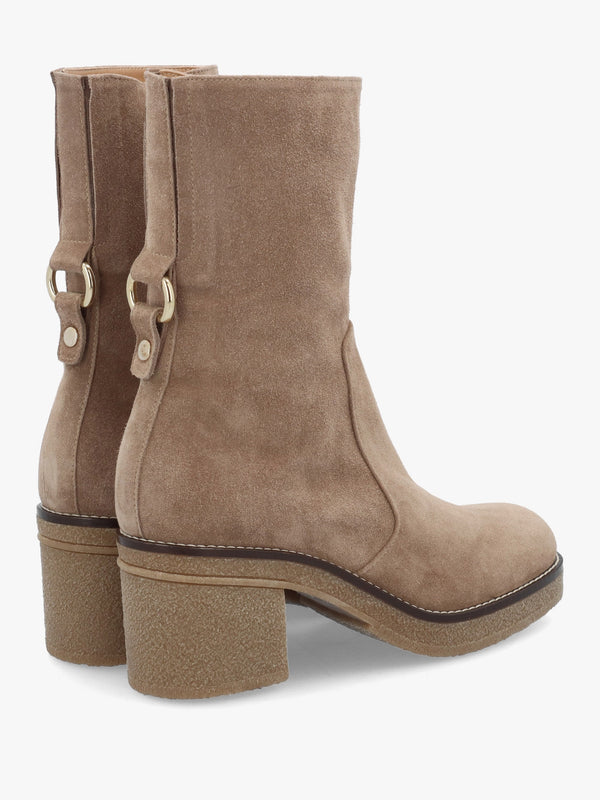Beige Suede Block Heel Calf Boots