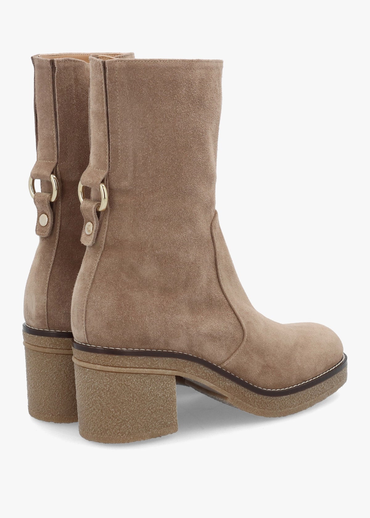 Beige Suede Block Heel Calf Boots