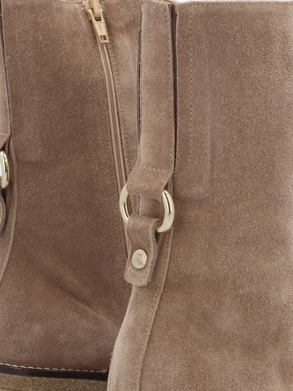 Beige Suede Block Heel Calf Boots