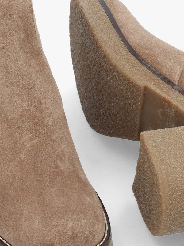 Beige Suede Block Heel Calf Boots