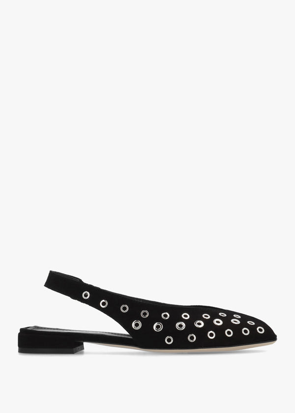 Nixi Black Suede Eyelet Square Toe Sling Backs