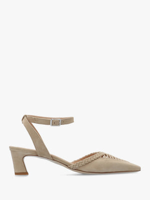 Nelia Beige Suede Plaited Cage Kitten Heel Ankle Strap Court Shoe