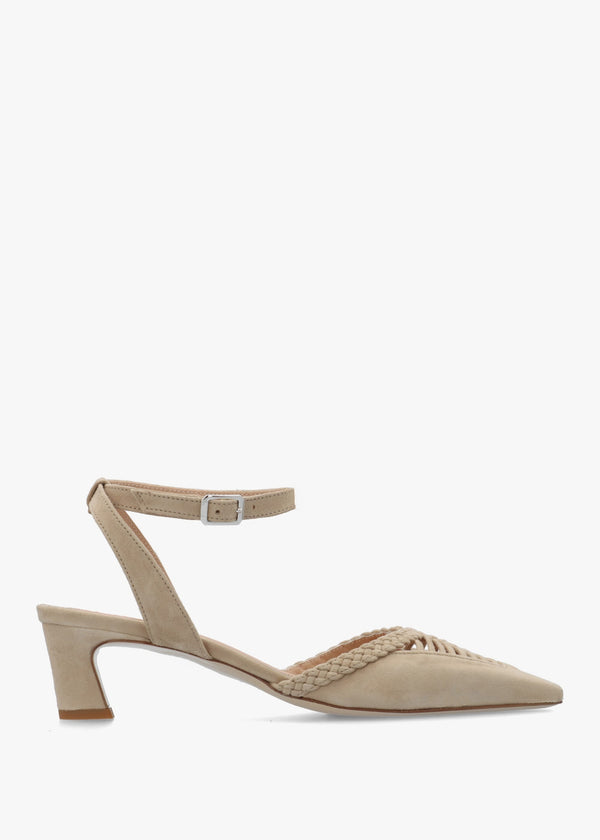 Nelia Beige Suede Plaited Cage Kitten Heel Ankle Strap Court Shoe