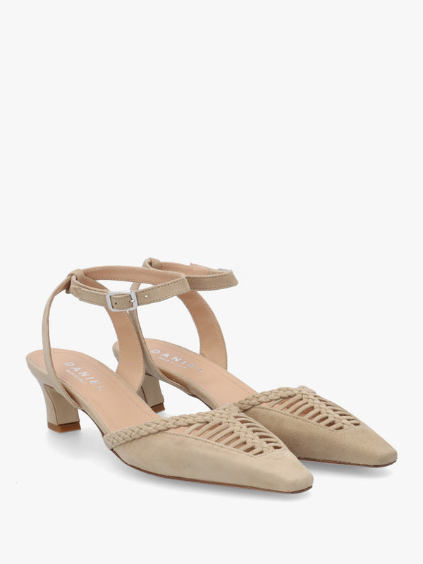 Nelia Beige Suede Plaited Cage Kitten Heel Ankle Strap Court Shoe