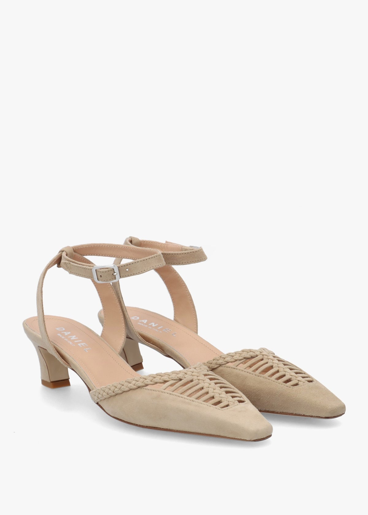 Nelia Beige Suede Plaited Cage Kitten Heel Ankle Strap Court Shoe