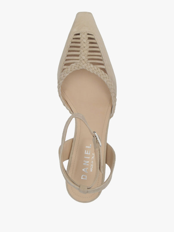 Nelia Beige Suede Plaited Cage Kitten Heel Ankle Strap Court Shoe