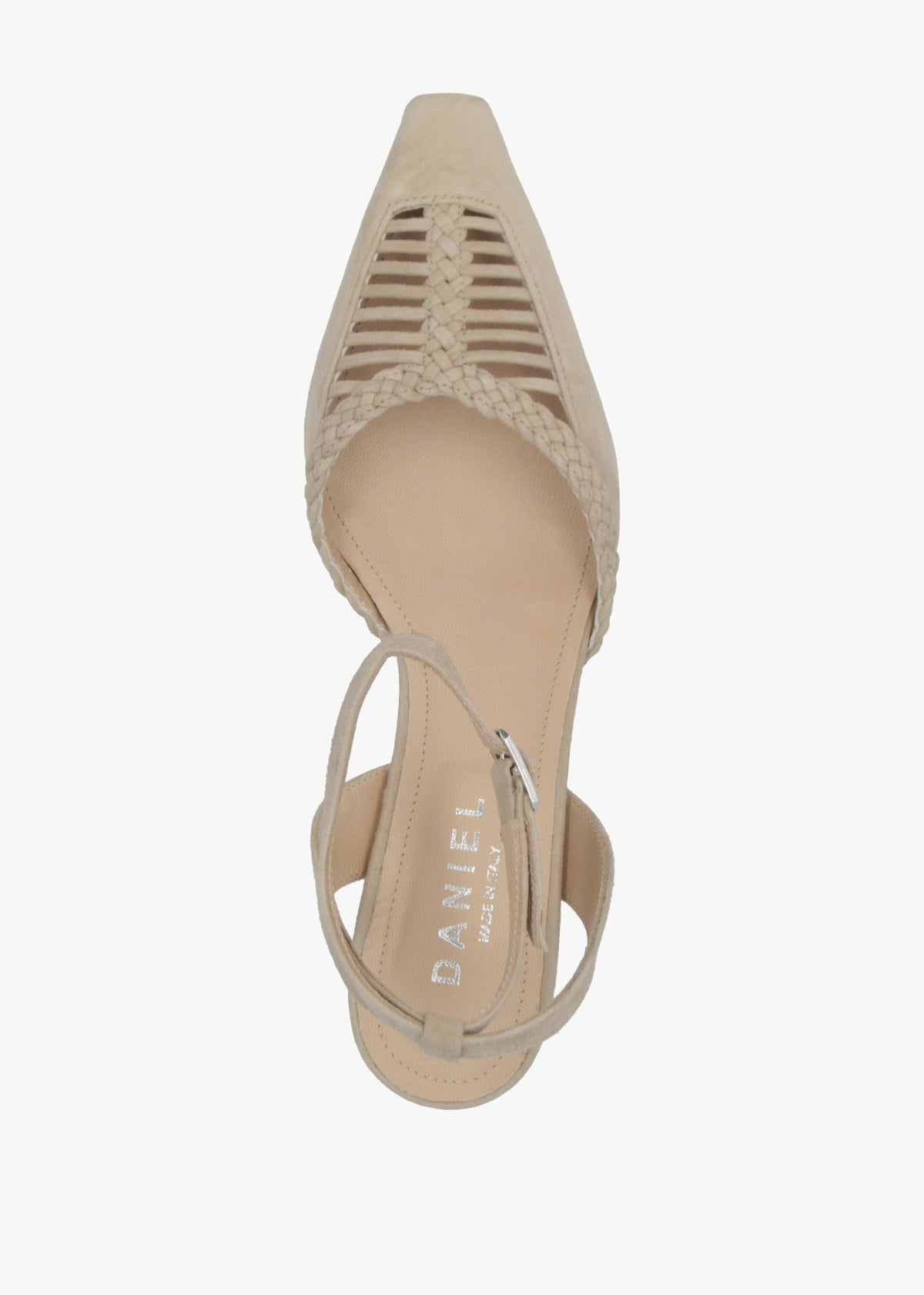 Nelia Beige Suede Plaited Cage Kitten Heel Ankle Strap Court Shoe