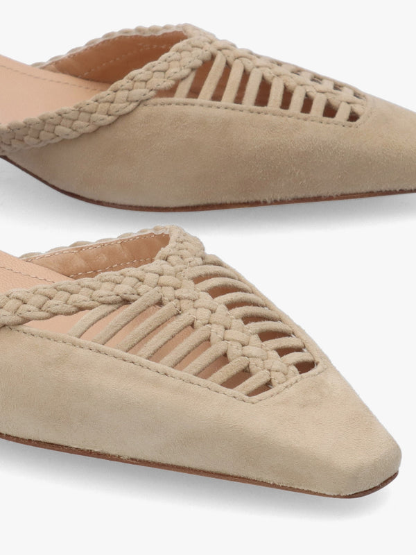 Nelia Beige Suede Plaited Cage Kitten Heel Ankle Strap Court Shoe