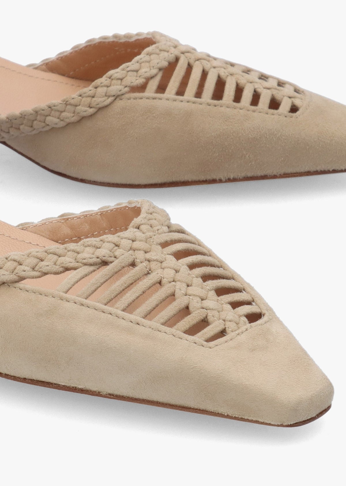 Nelia Beige Suede Plaited Cage Kitten Heel Ankle Strap Court Shoe