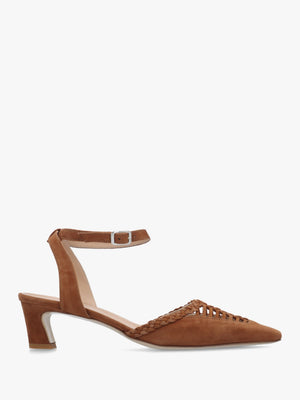 Nelia Tan Suede Plaited Cage Kitten Heel Ankle Strap Court Shoes