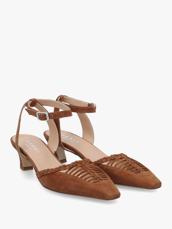 Nelia Tan Suede Plaited Cage Kitten Heel Ankle Strap Court Shoes