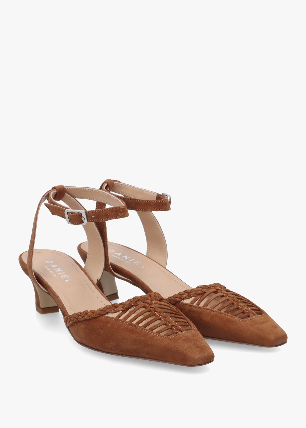 Nelia Tan Suede Plaited Cage Kitten Heel Ankle Strap Court Shoes