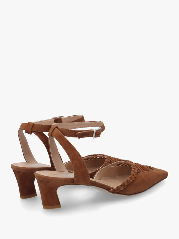 Nelia Tan Suede Plaited Cage Kitten Heel Ankle Strap Court Shoes