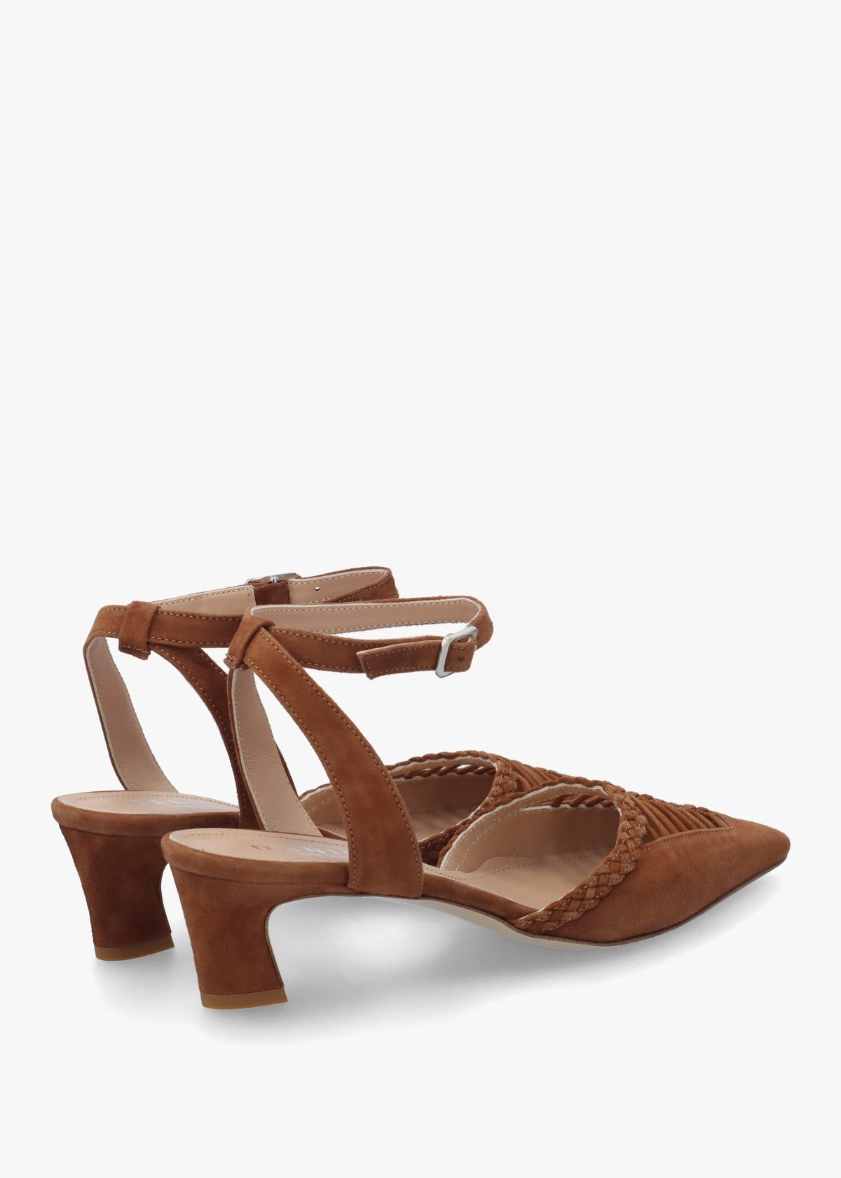 Nelia Tan Suede Plaited Cage Kitten Heel Ankle Strap Court Shoes
