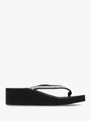 Black Embellished Toe Post Wedge Flip Flops