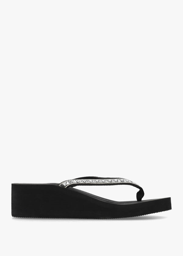 Black Embellished Toe Post Wedge Flip Flops