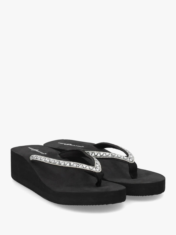 Black Embellished Toe Post Wedge Flip Flops