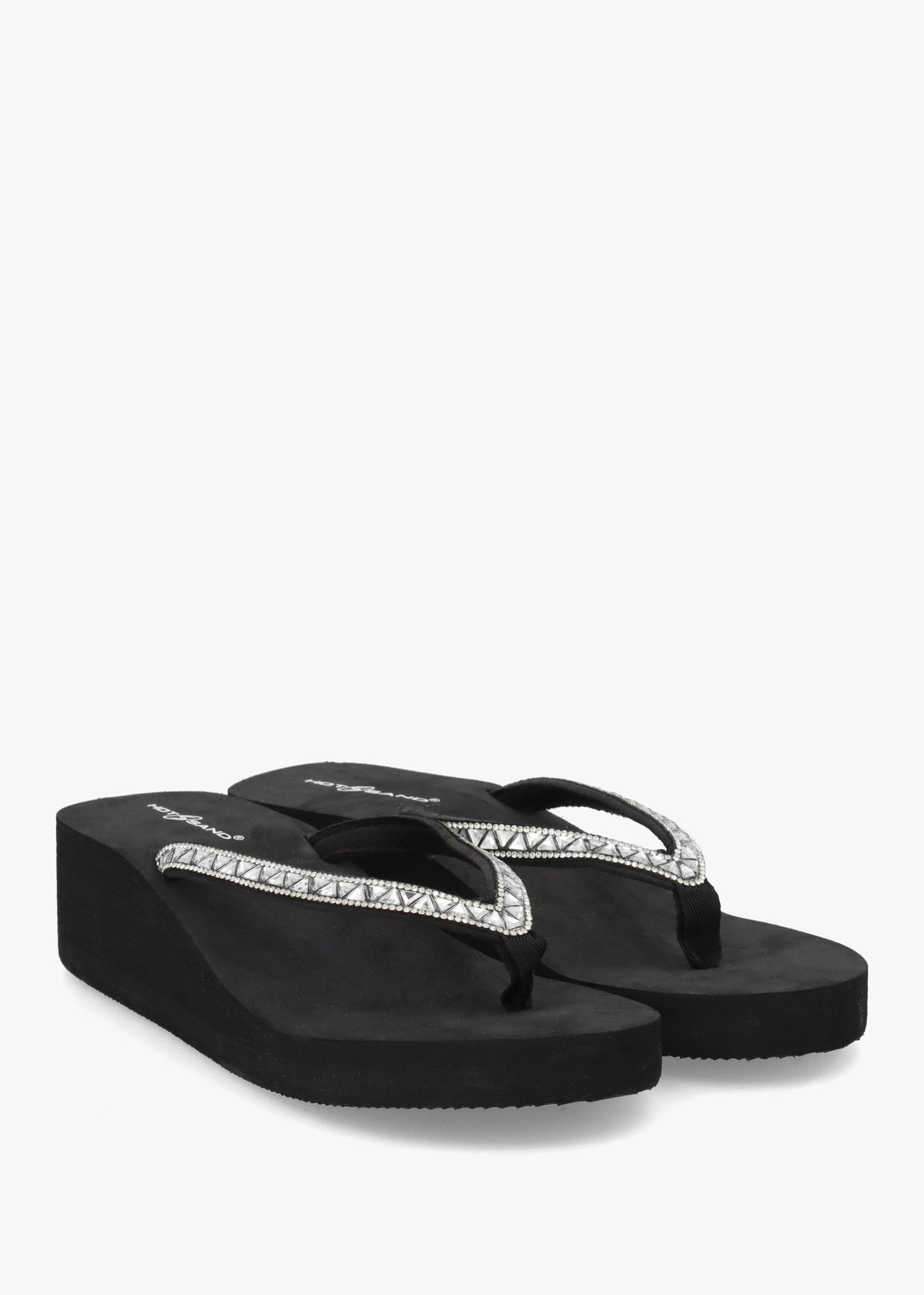 Black Embellished Toe Post Wedge Flip Flops