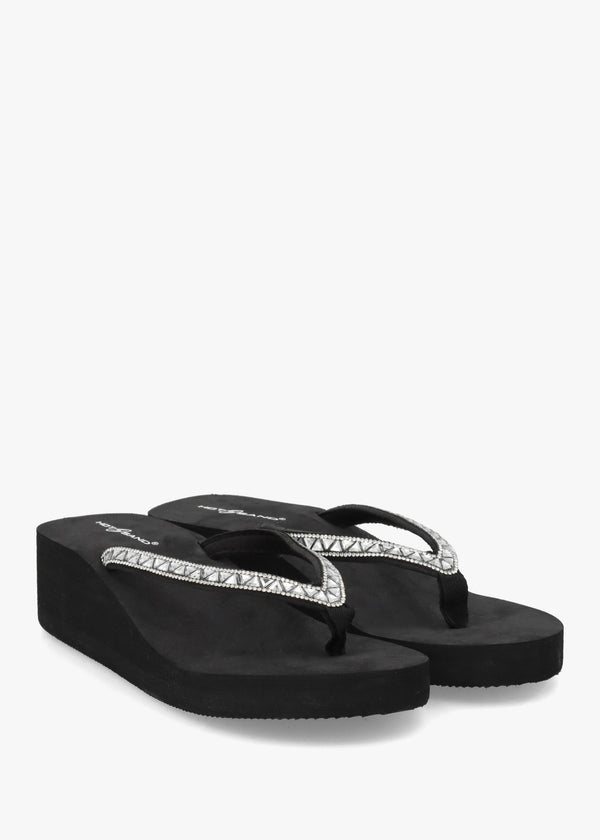 Black Embellished Toe Post Wedge Flip Flops