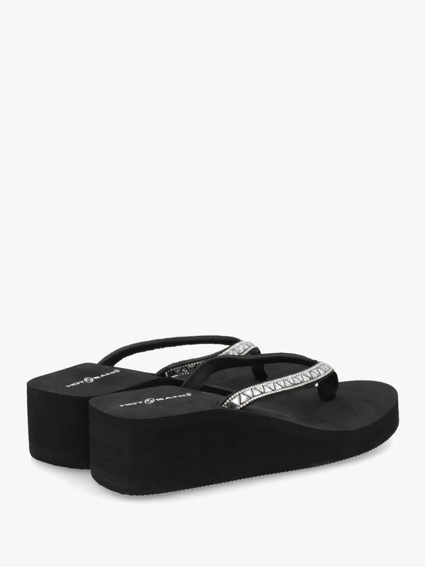 Black Embellished Toe Post Wedge Flip Flops