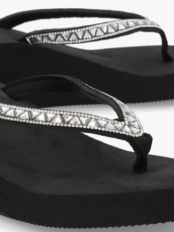 Black Embellished Toe Post Wedge Flip Flops