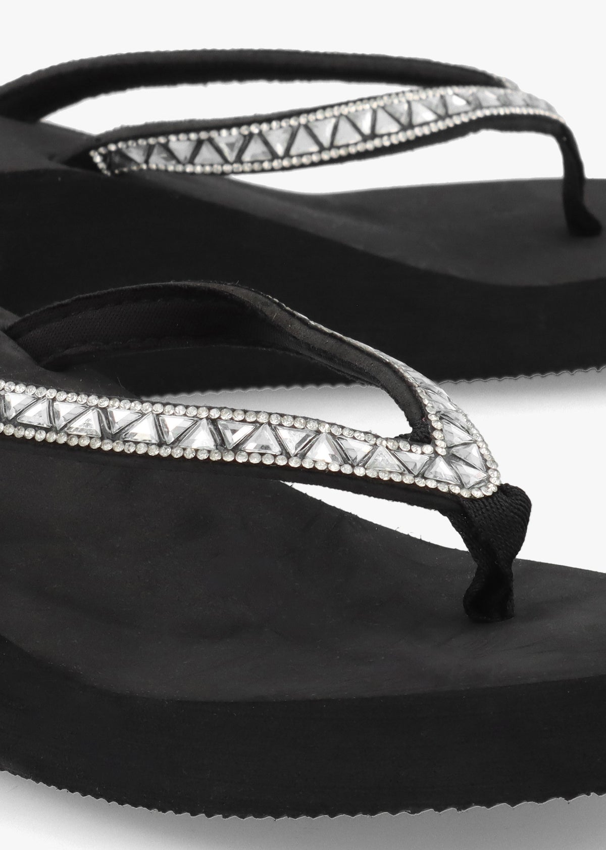 Black Embellished Toe Post Wedge Flip Flops