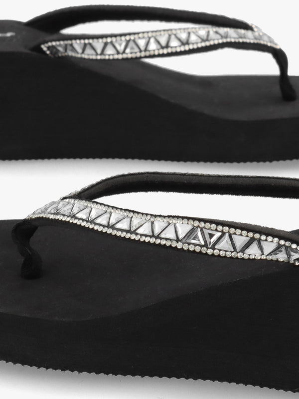 Black Embellished Toe Post Wedge Flip Flops