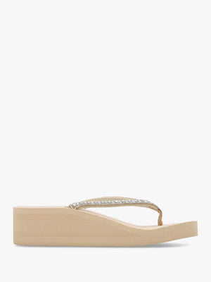Beige Embellished Toe Post Wedge Flip Flops