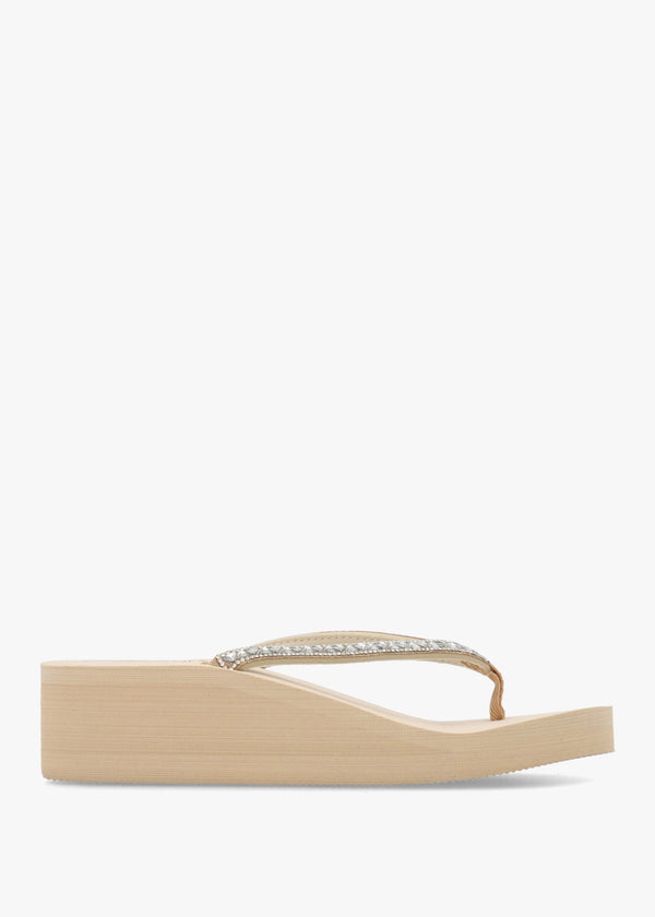 Beige Embellished Toe Post Wedge Flip Flops