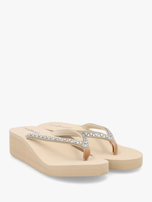 Beige Embellished Toe Post Wedge Flip Flops
