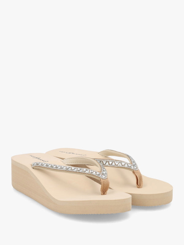 Beige Embellished Toe Post Wedge Flip Flops