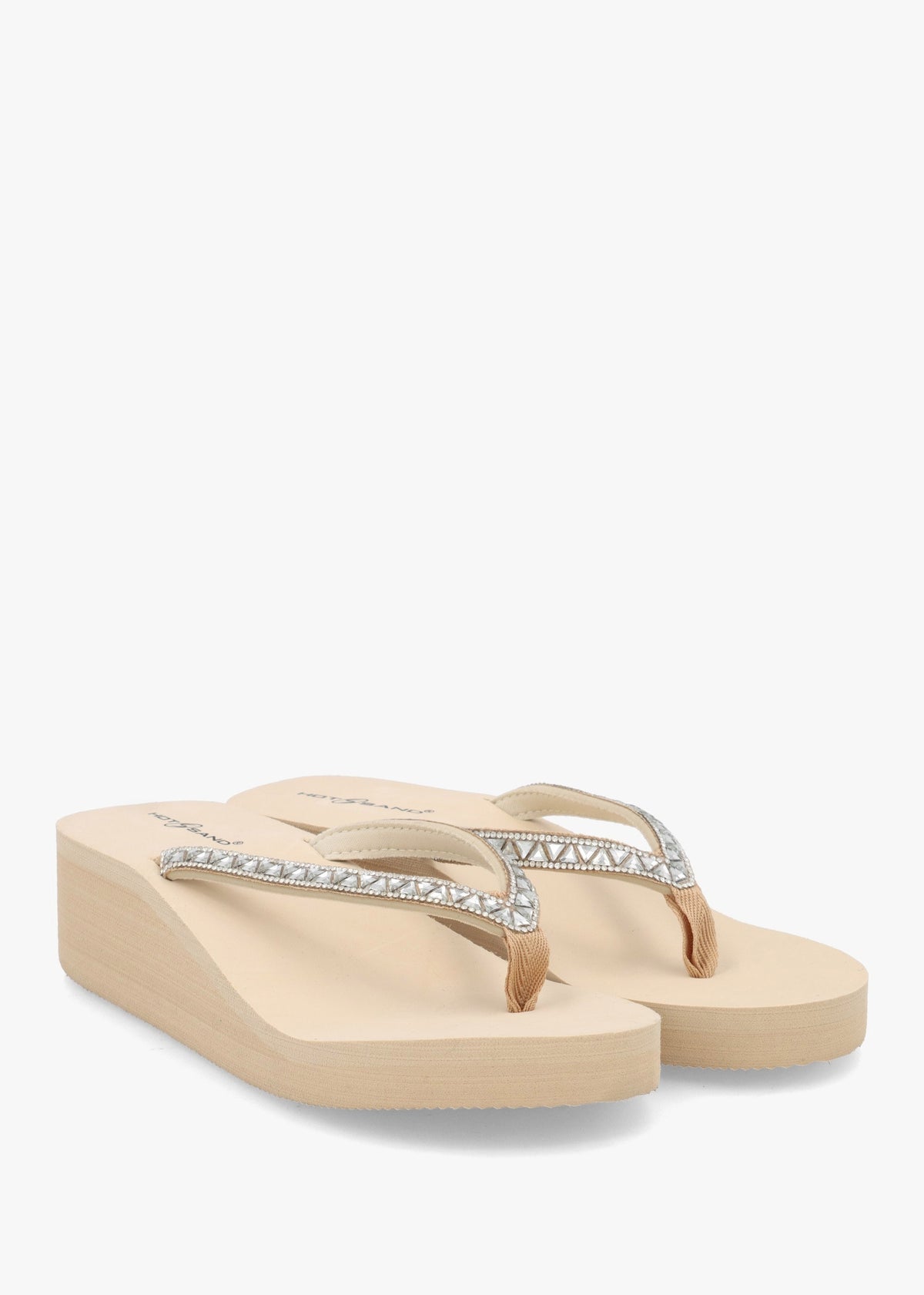 Beige Embellished Toe Post Wedge Flip Flops