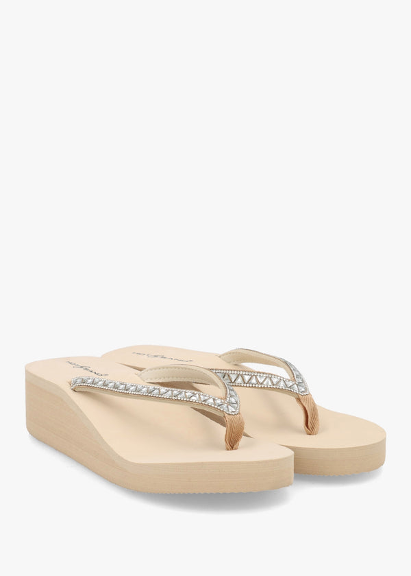 Beige Embellished Toe Post Wedge Flip Flops