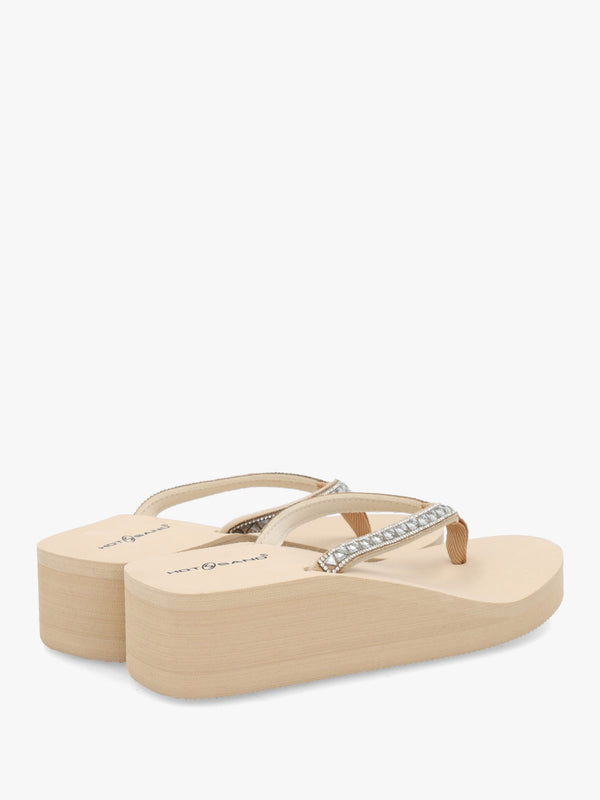 Beige Embellished Toe Post Wedge Flip Flops