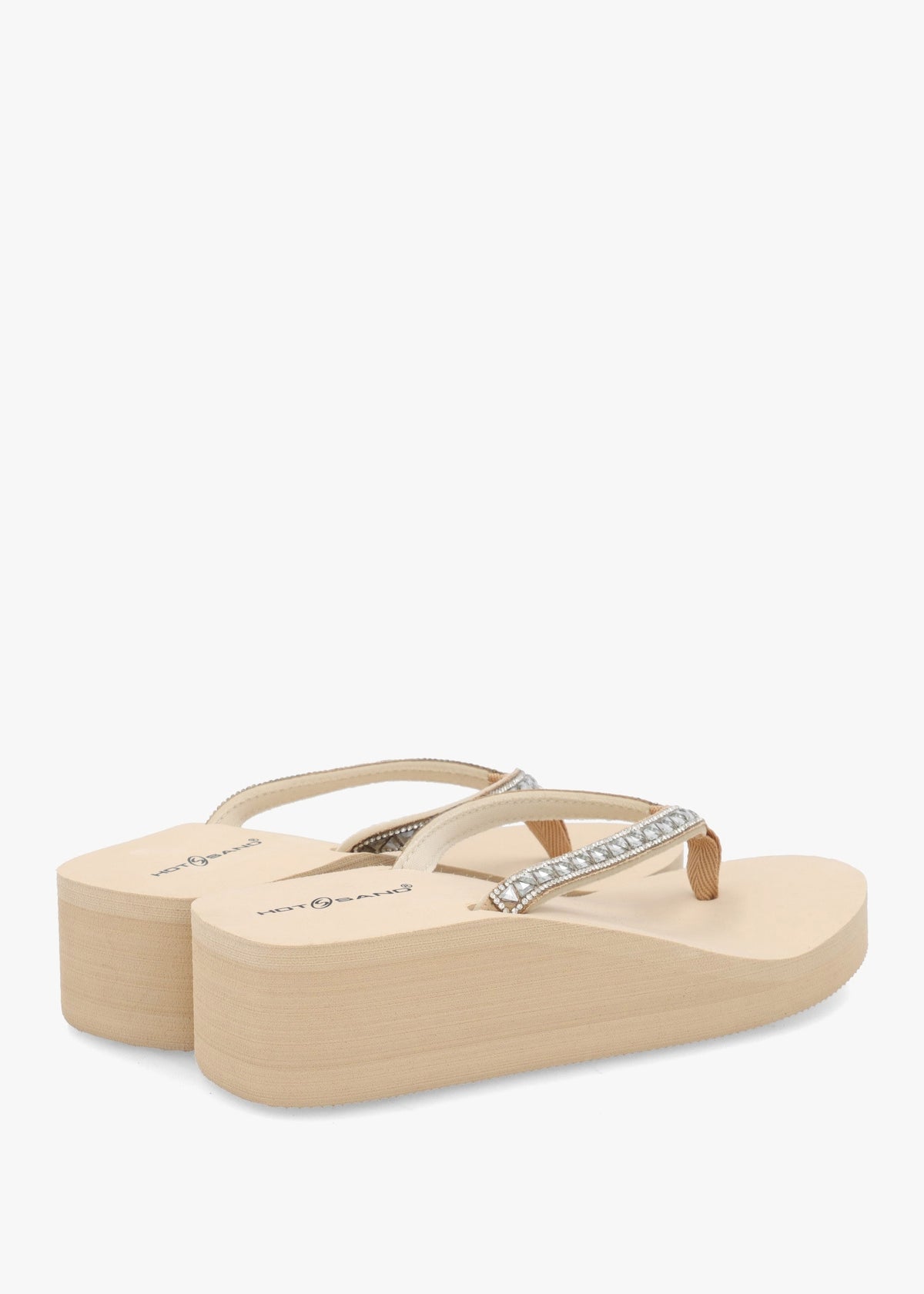 Beige Embellished Toe Post Wedge Flip Flops