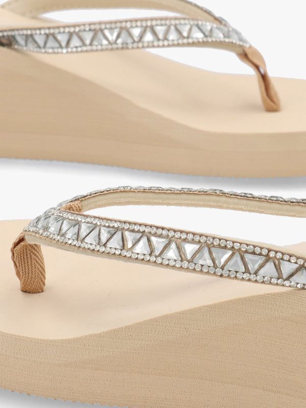 Beige Embellished Toe Post Wedge Flip Flops