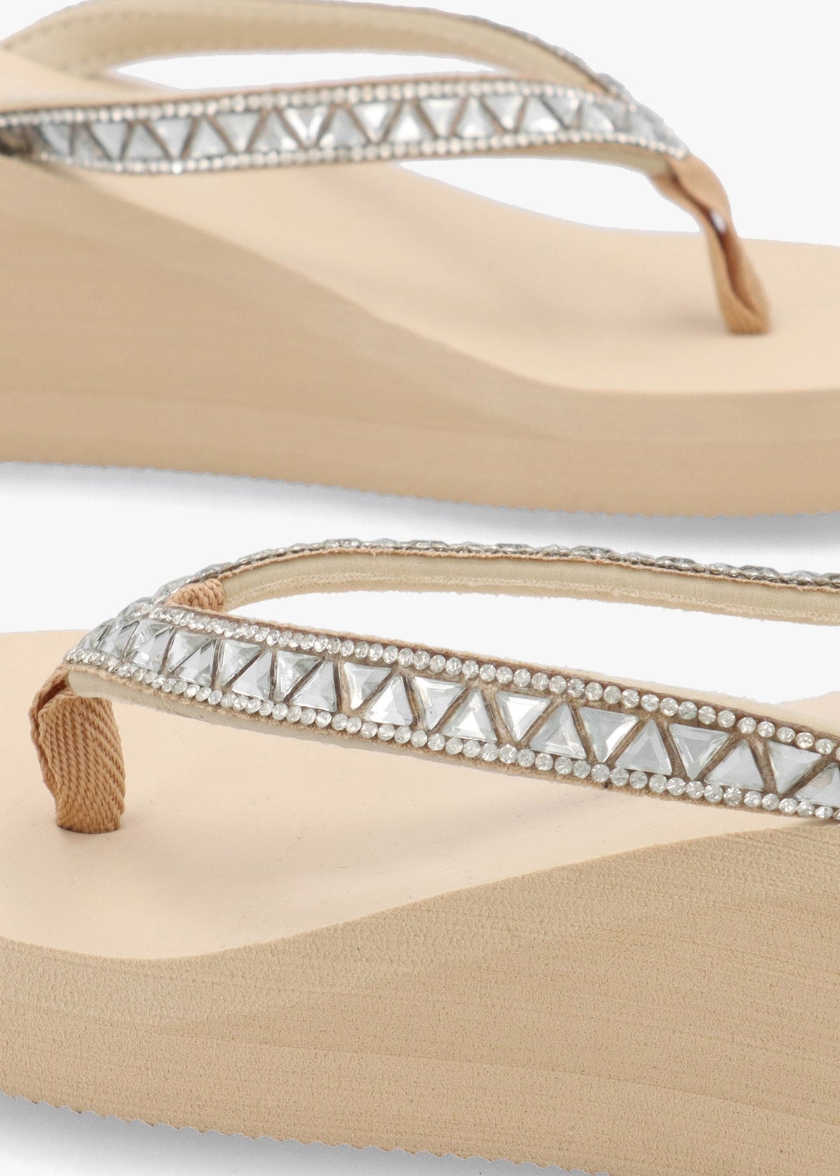 Beige Embellished Toe Post Wedge Flip Flops